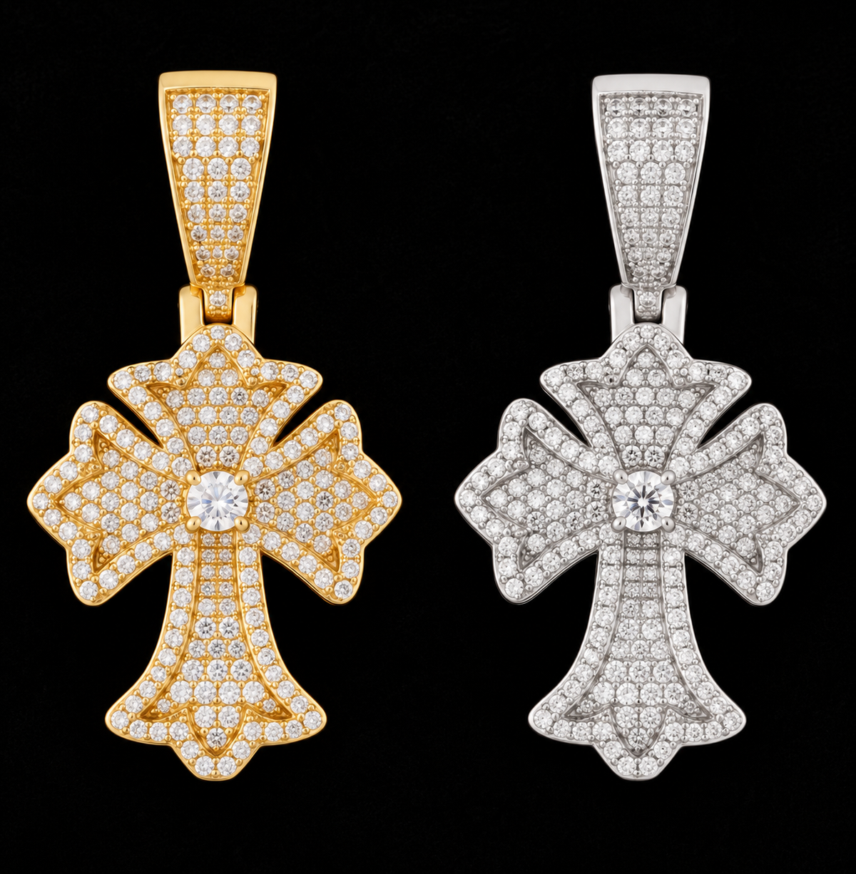 Radiant Floral Cross Moissanite Pendant — product design shown on a black background.