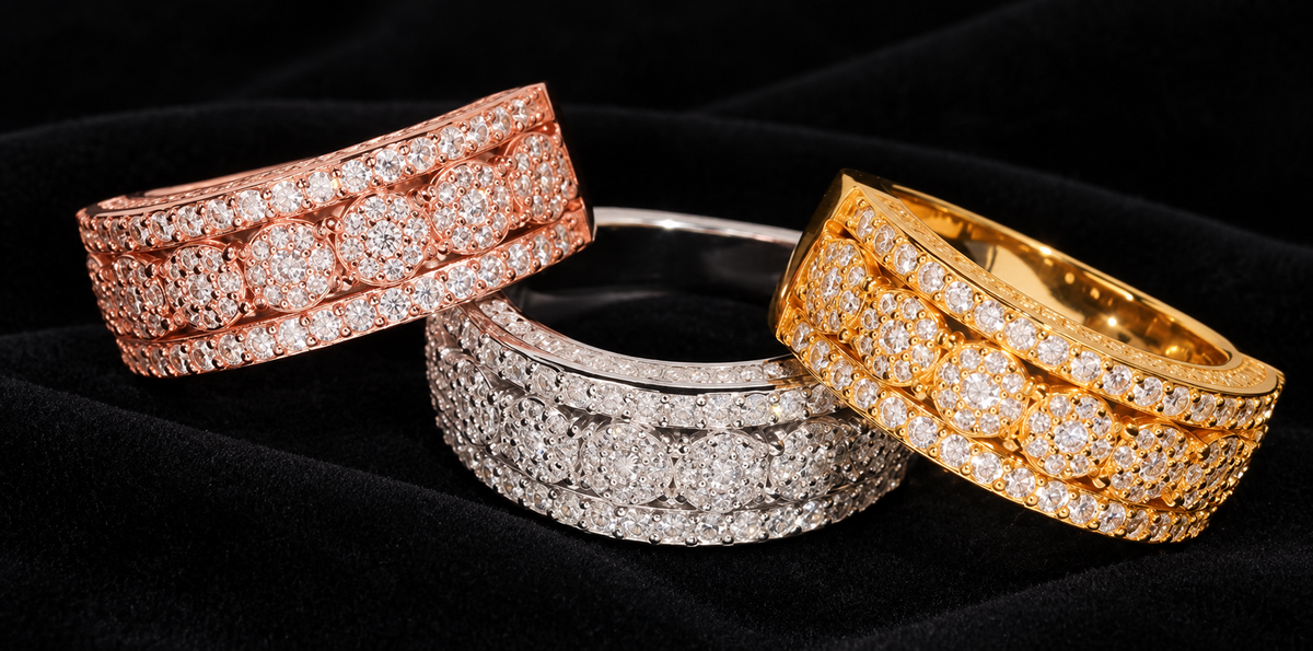 Bordered Cluster Moissanite Band — product design shown on a black background.