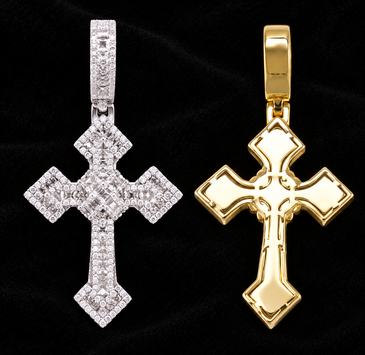 Raised Floral Cross Moissanite Pendant — product design shown on a black background.