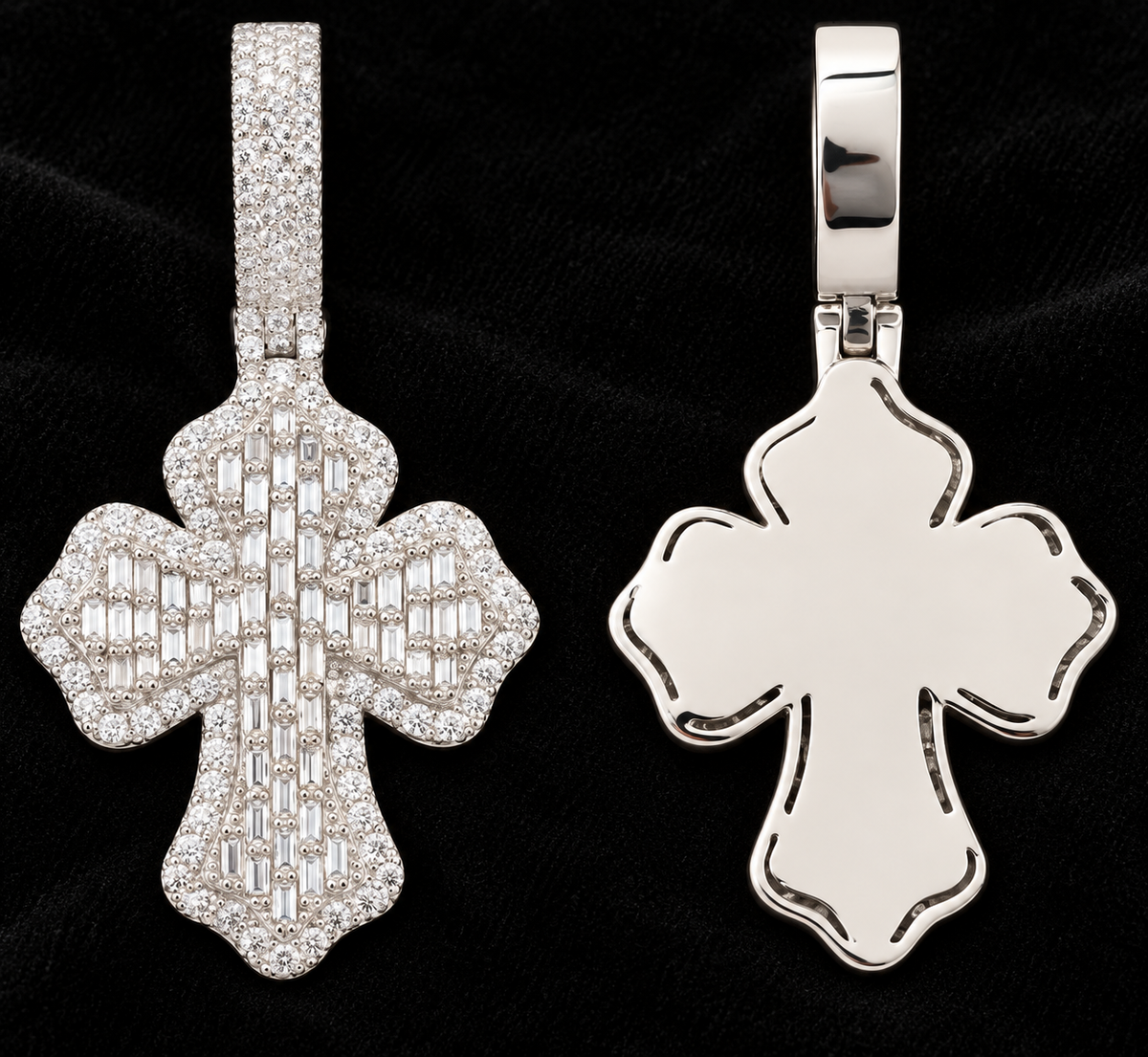 Lobed Cross Moissanite Pendant — product design shown on a black background.