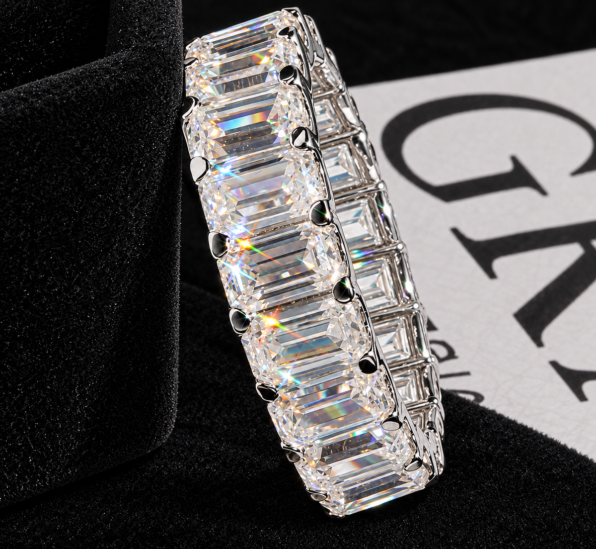 Linear-Setting Moissanite Band with GRA card in the background