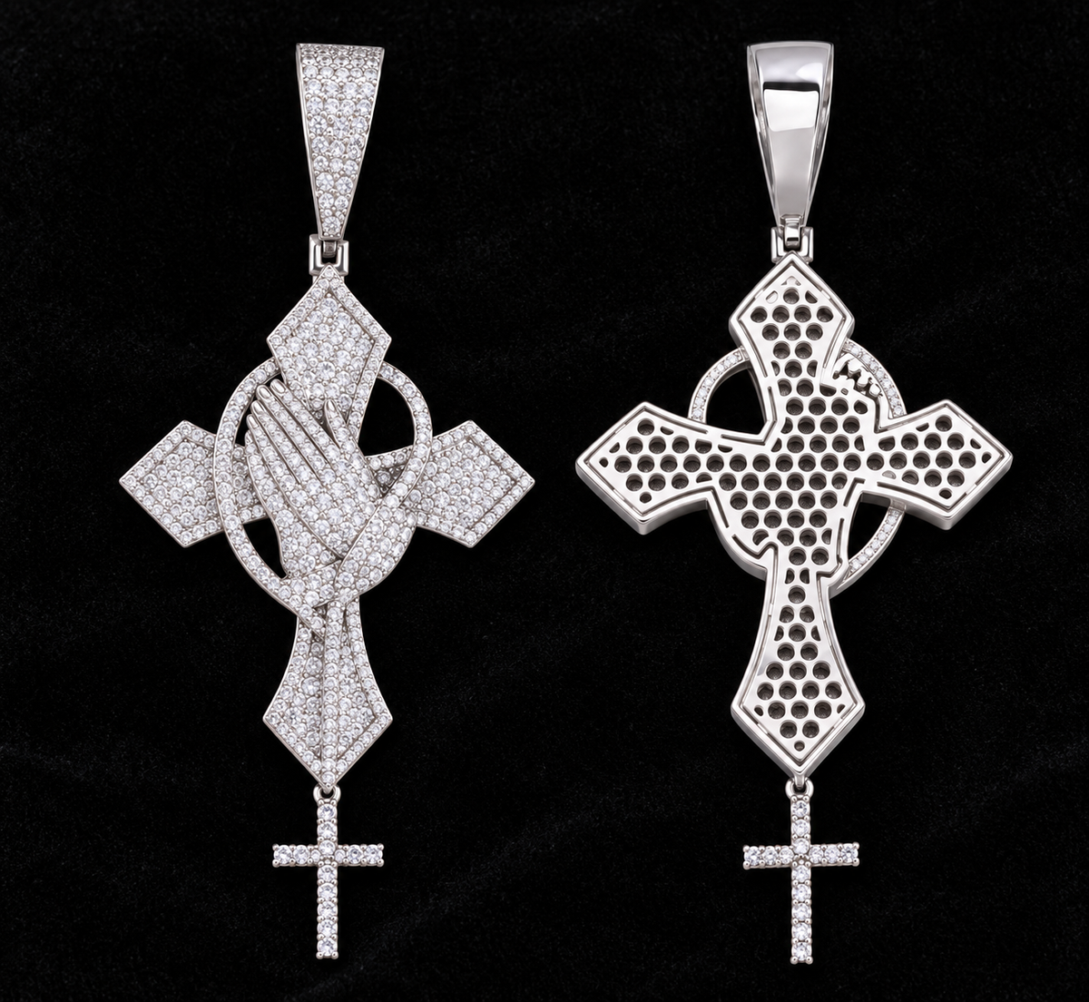 Praying Hands Cross Moissanite Pendant — product design shown on a black background.