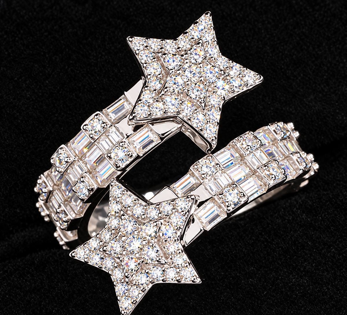 Double-Star Linear Moissanite Ring — product design shown on a black background.