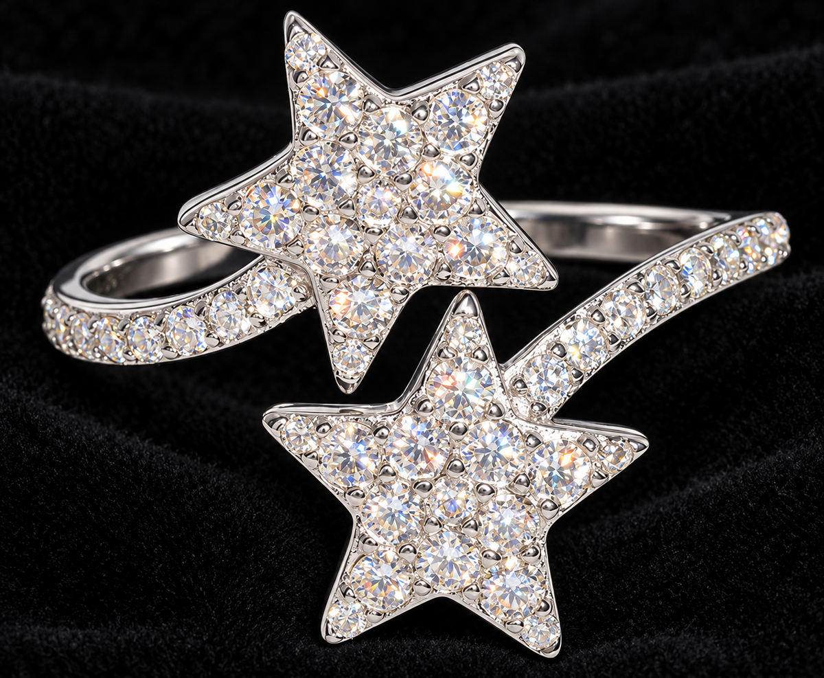 Double-Star Slim Moissanite Ring — product design shown on a black background.
