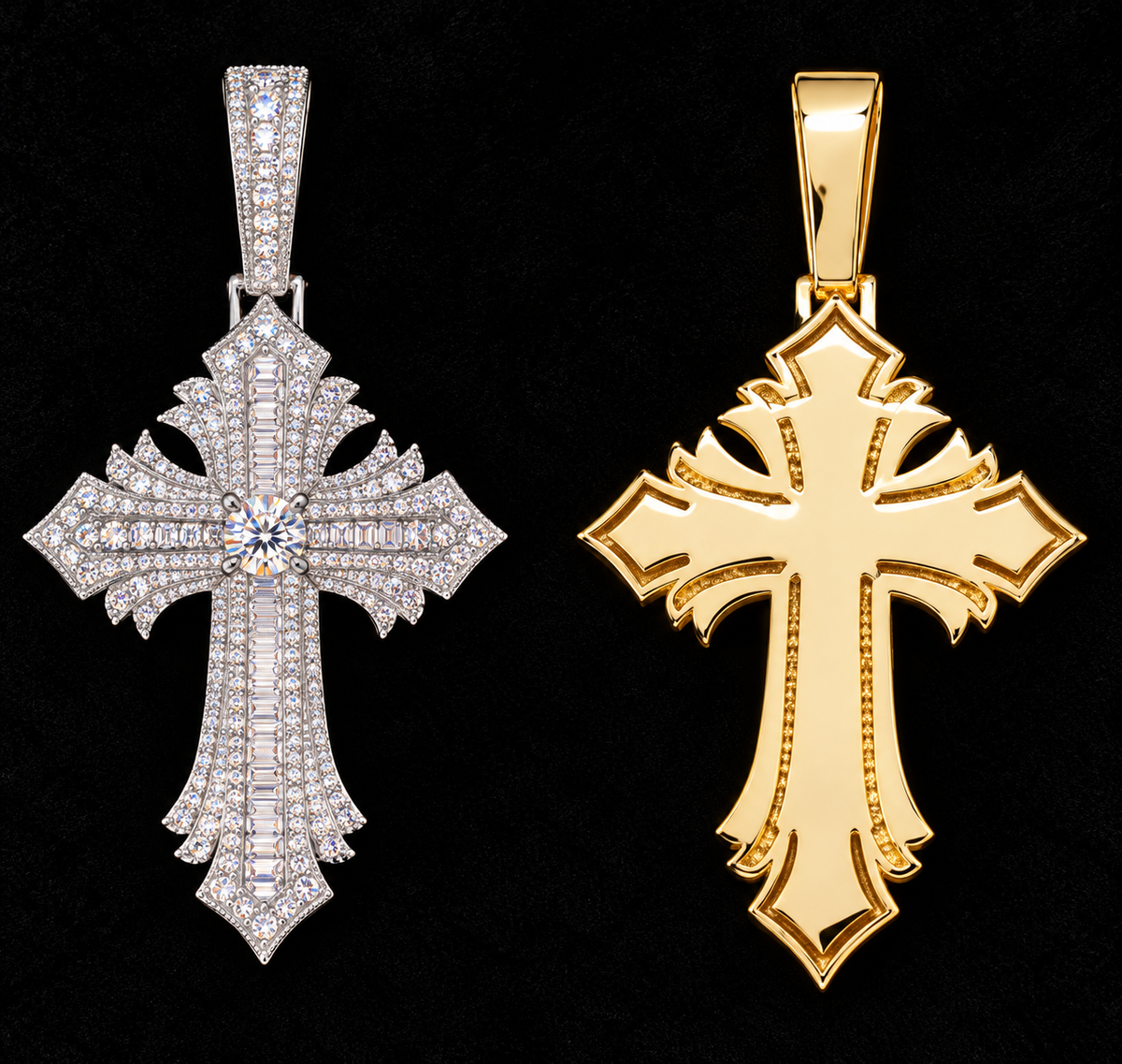 Radiant Cross Moissanite Pendant — product design shown on a black background.