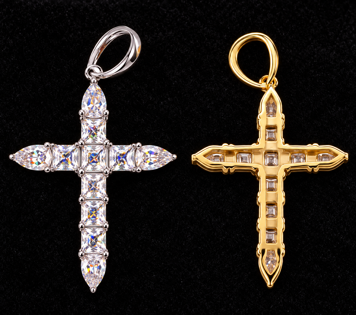 Tapered Cross Moissanite Pendant — product design shown on a black background.
