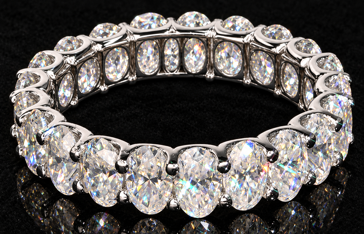 Oval-Setting Moissanite Band — product design shown on a black background.