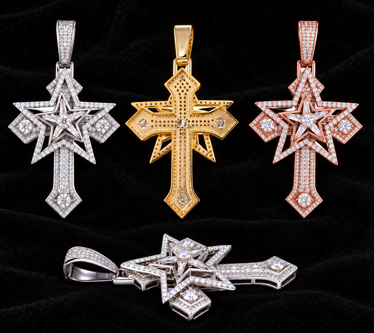 Layered Star-Center Cross Moissanite Pendant — product design shown on a black background.