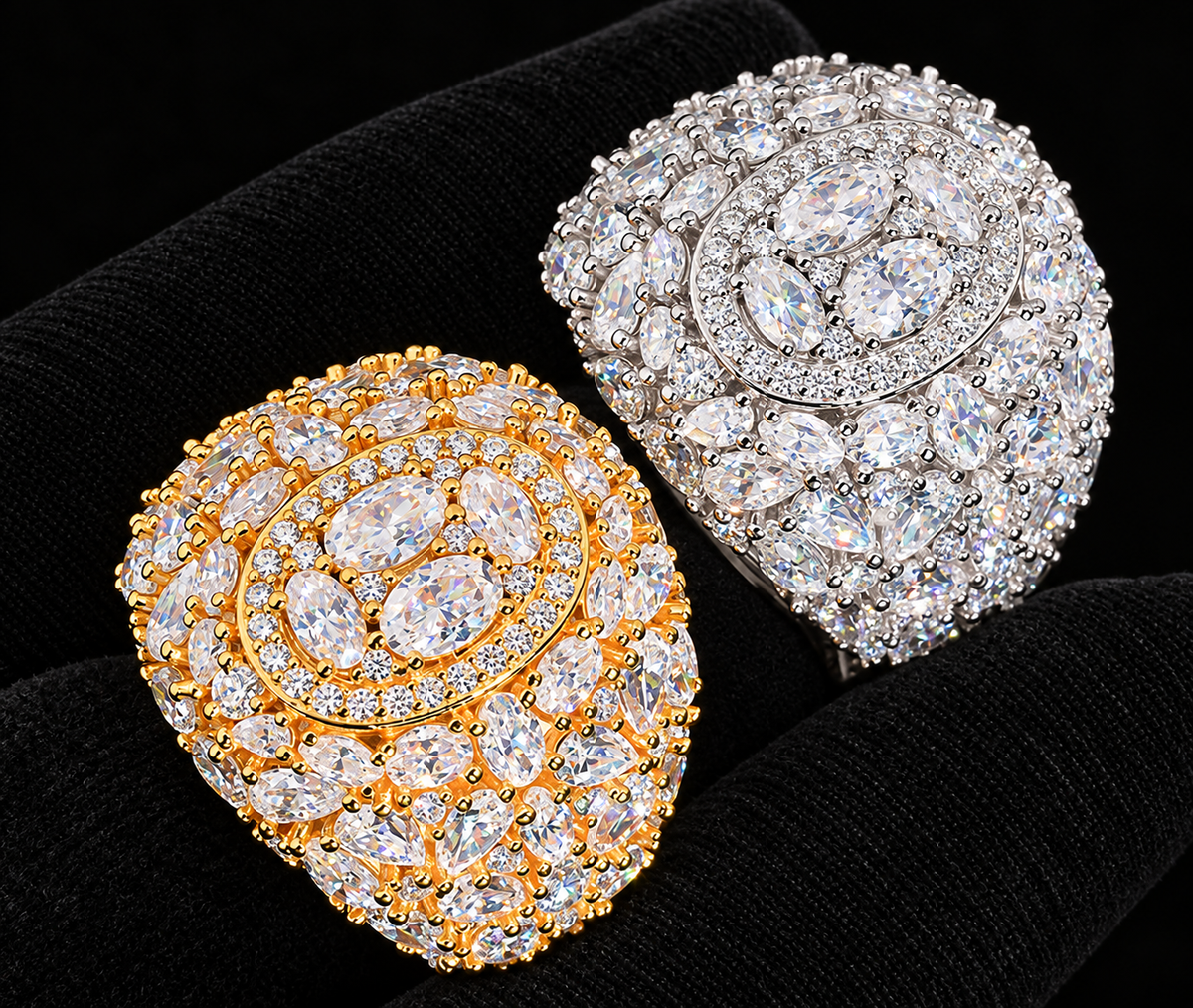 Concentric Cluster Moissanite Ring — product design shown on a black background.