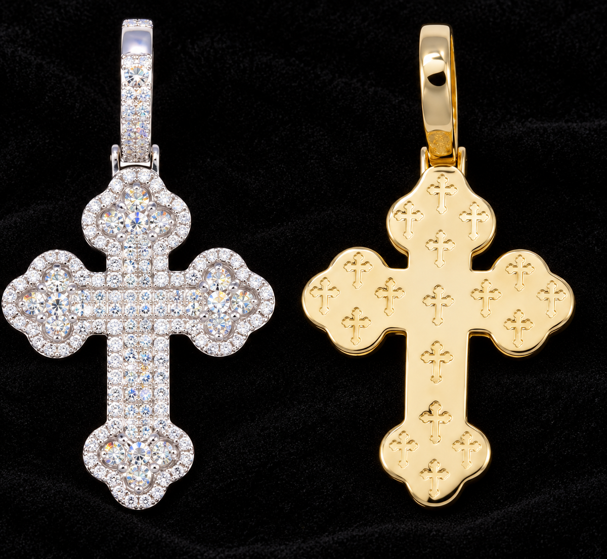 Floral-Tip Cross Moissanite Pendant — product design shown on a black background.