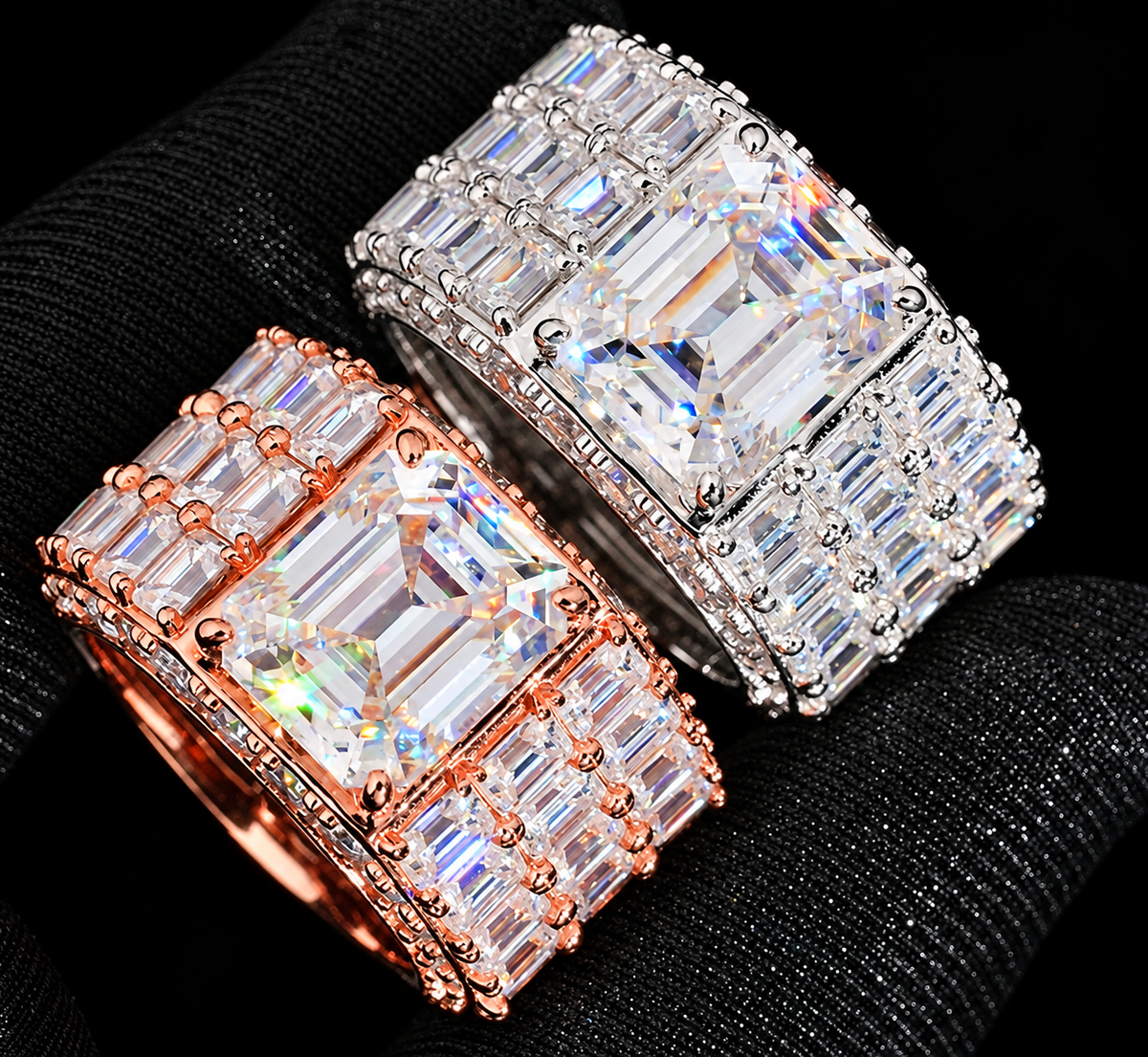 Rectangle Center Wide Moissanite Ring — product design shown on a black background.
