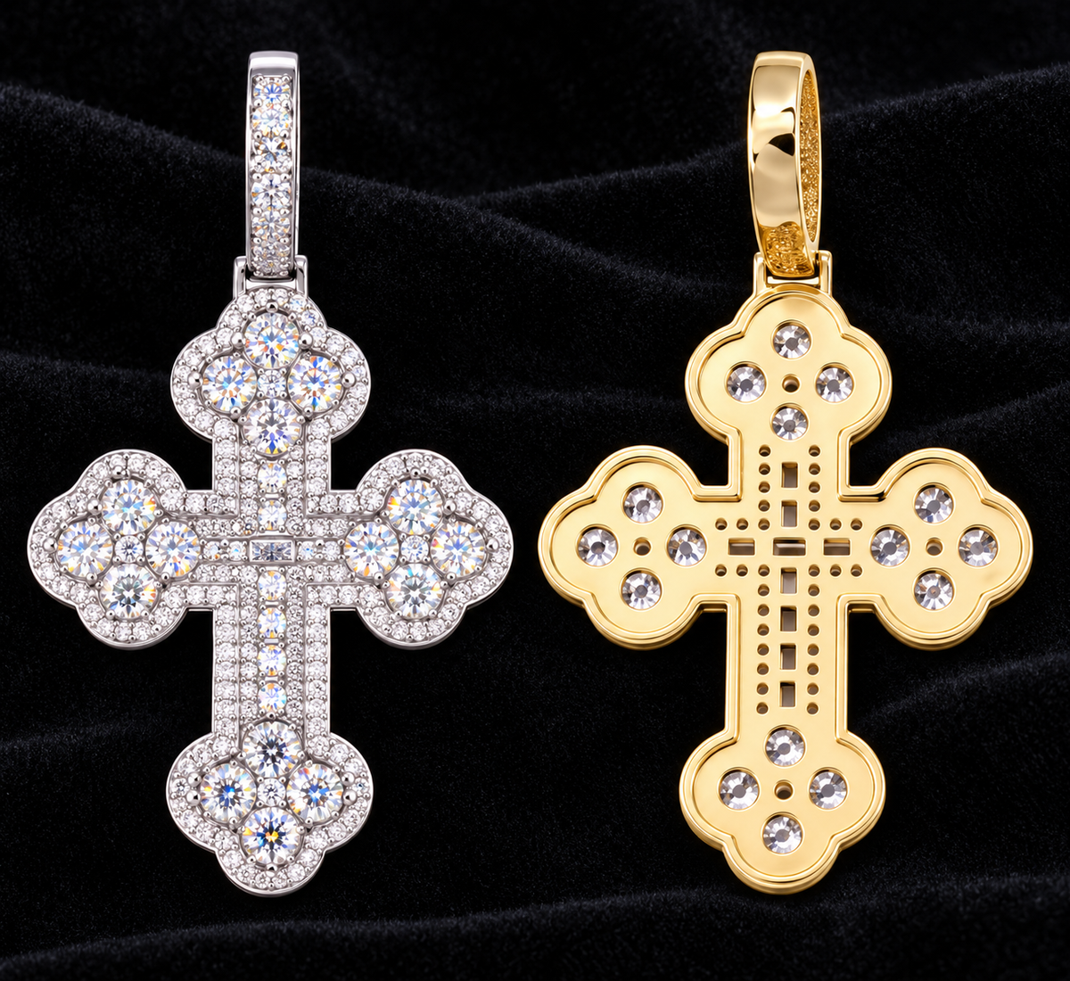 Looped-Tip Cross Moissanite Pendant — product design shown on a black background.