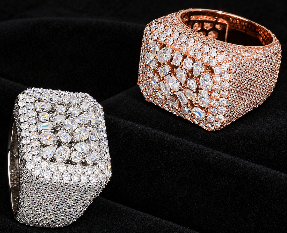 Rectangle Cluster Moissanite Ring — product design shown on a black background.