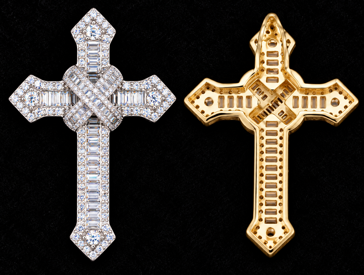 Ribbon-Center Cross Moissanite Pendant — product design shown on a black background.