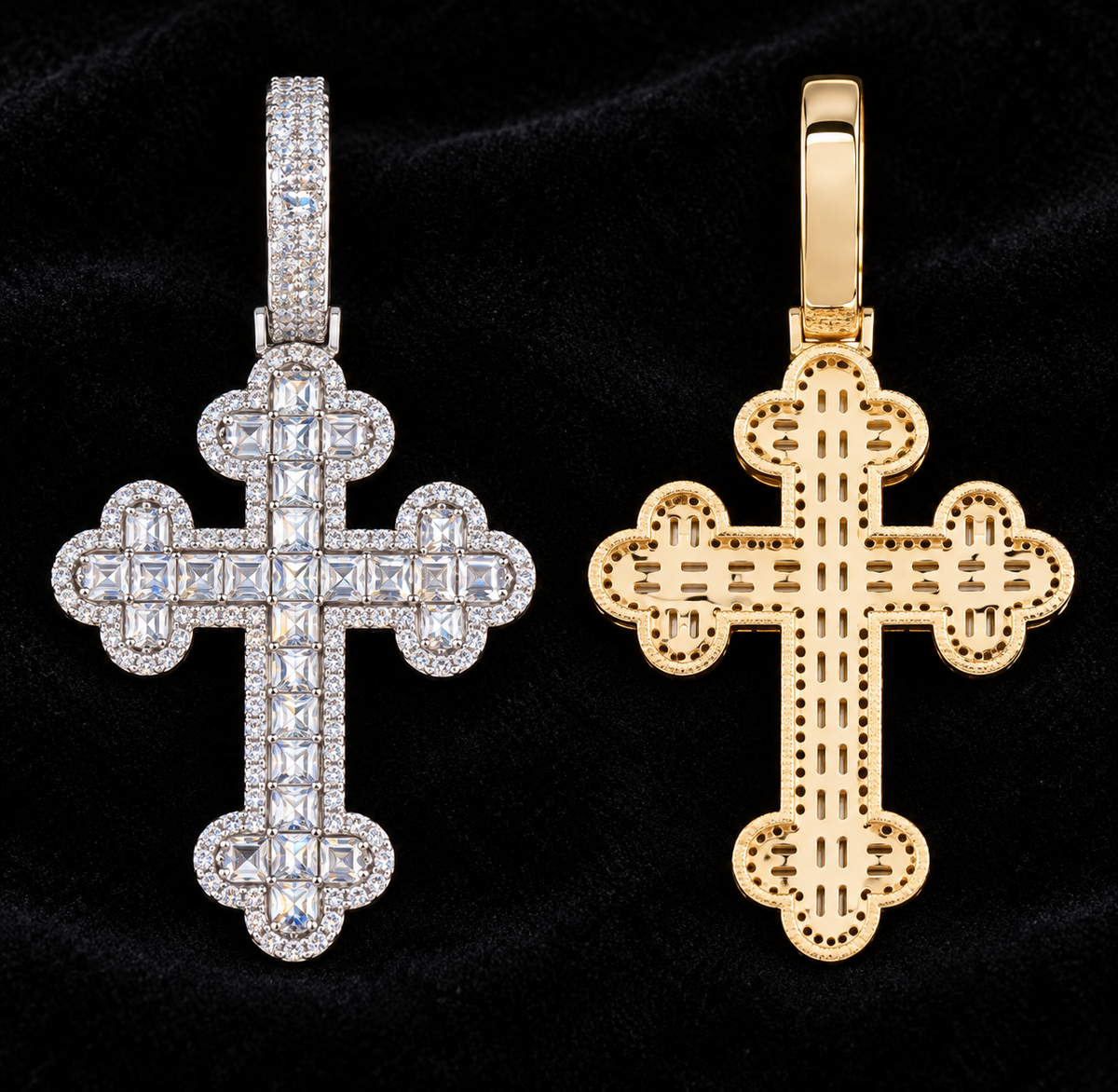 Geometric Cluster Cross Moissanite Pendant — product design shown on a black background.