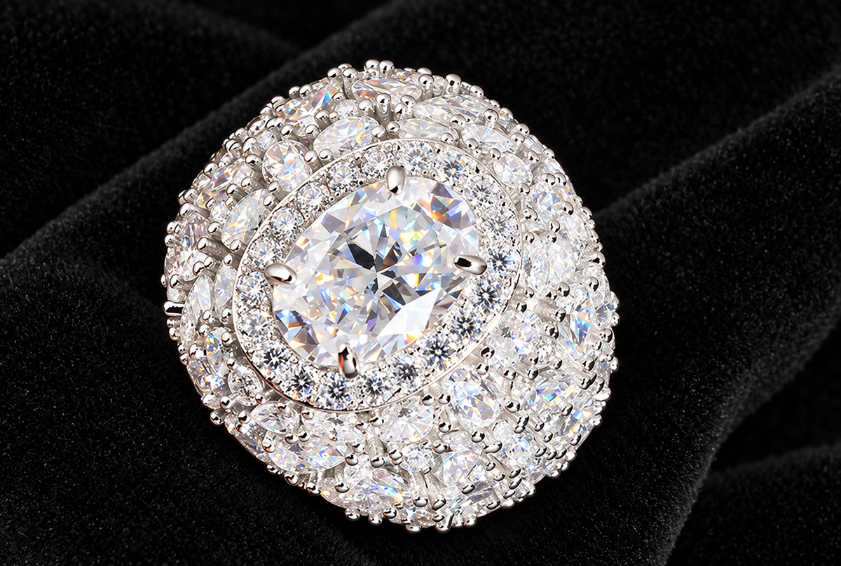 Layered Round Halo Moissanite Ring — product design shown on a black background.
