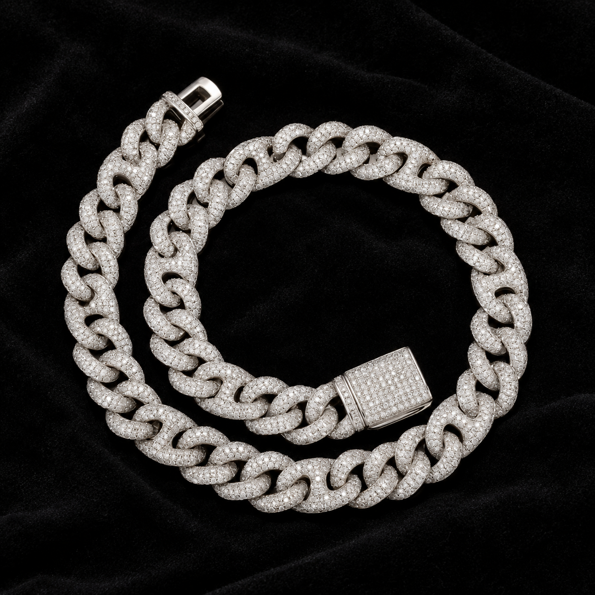 16mm Pavé Cuban Chain on black velvet