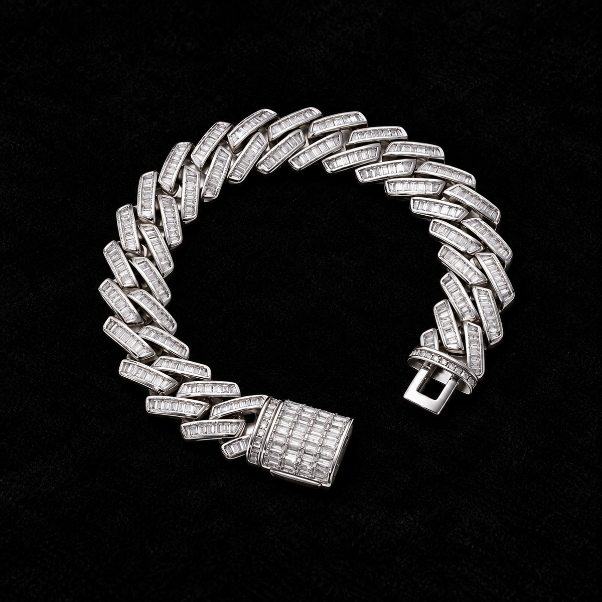 Prong Baguette Cuban Bracelet on black velvet