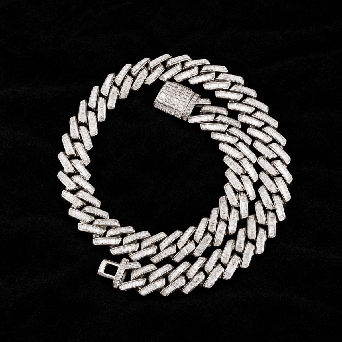 Prong Baguette Cuban Chain on black velvet