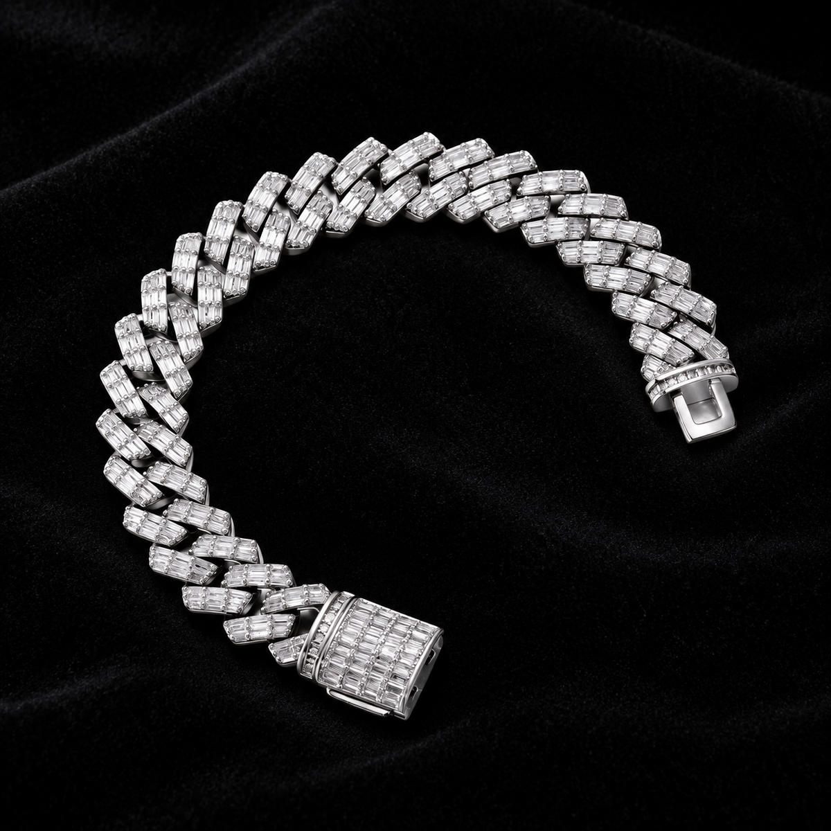 Prong Baguette Cuban Bracelet on black velvet