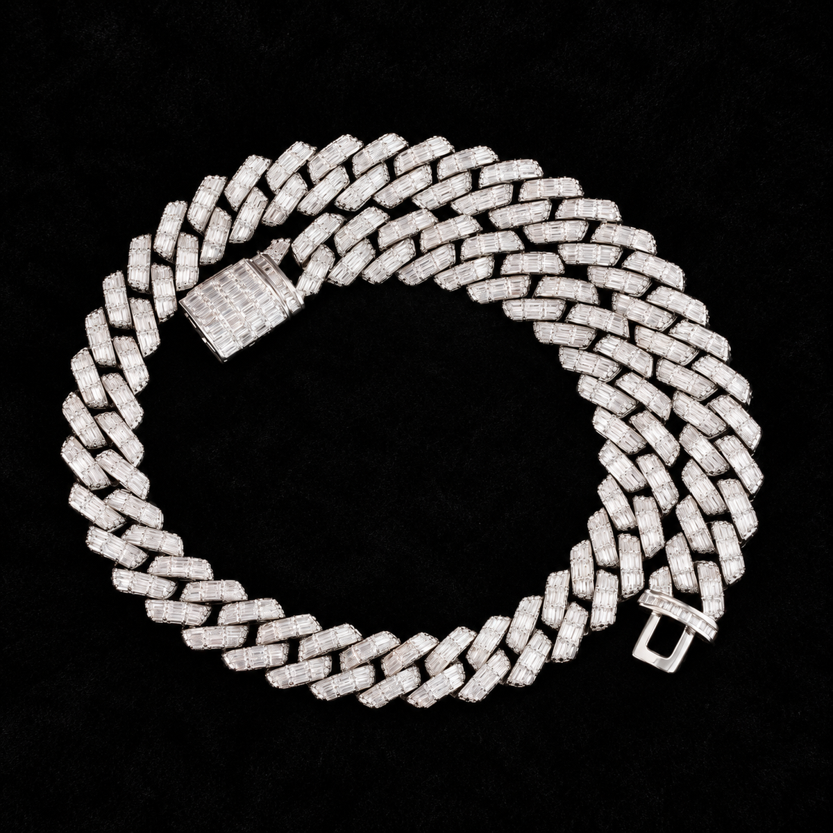 Prong Baguette Cuban Chain on black velvet