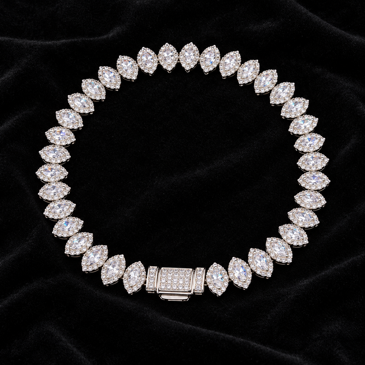 Marquise Cluster Tennis Bracelet on black velvet