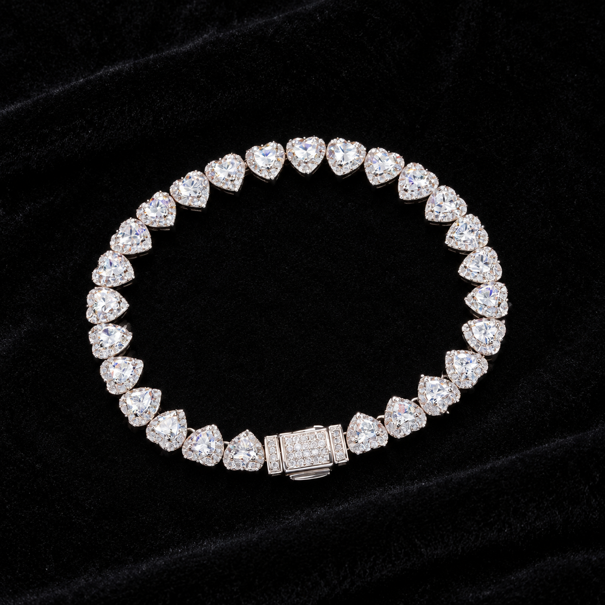 7mm Heart Cut Cluster Tennis Bracelet on black velvet