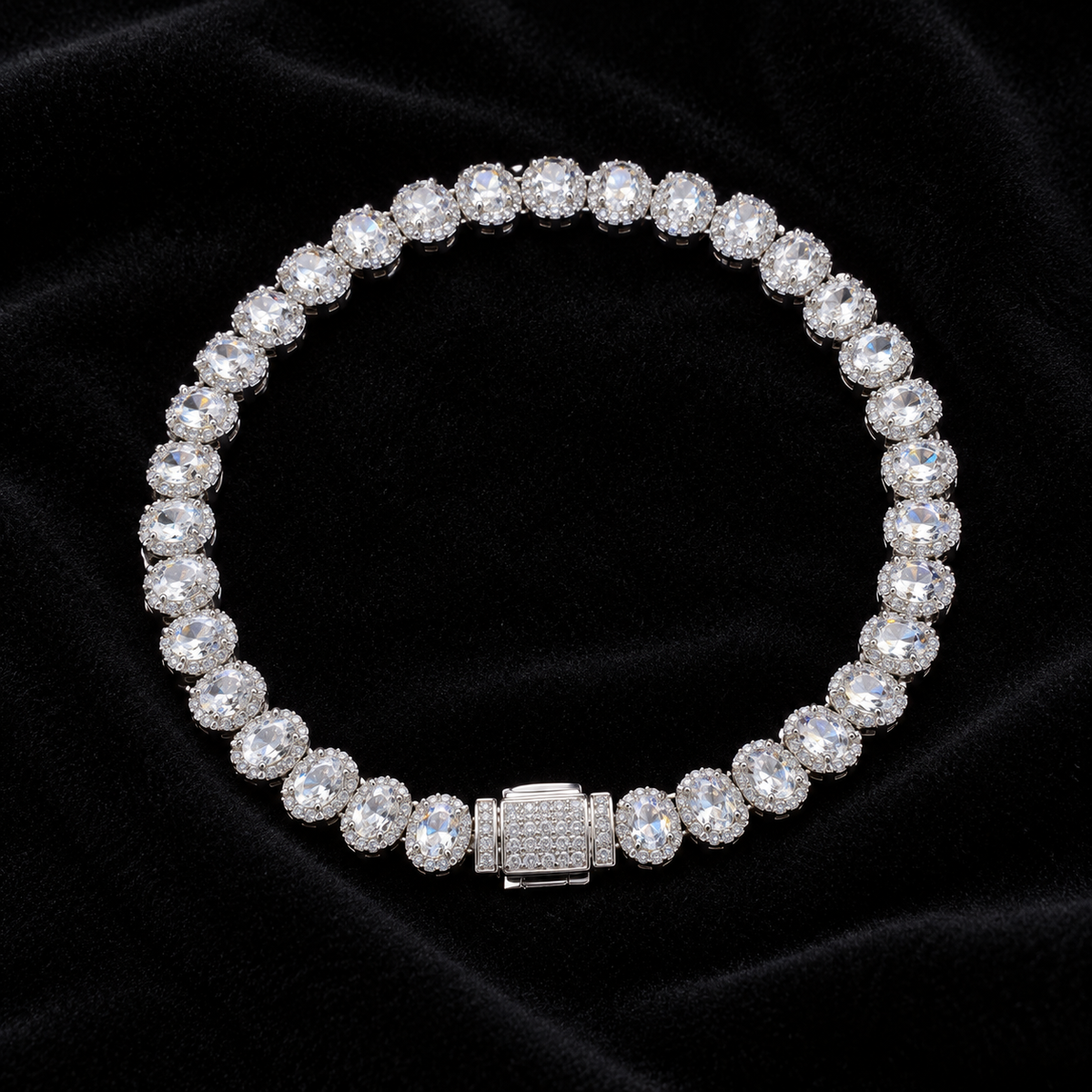 7mm Oval Cluster Tennis Bracelet on black velvet