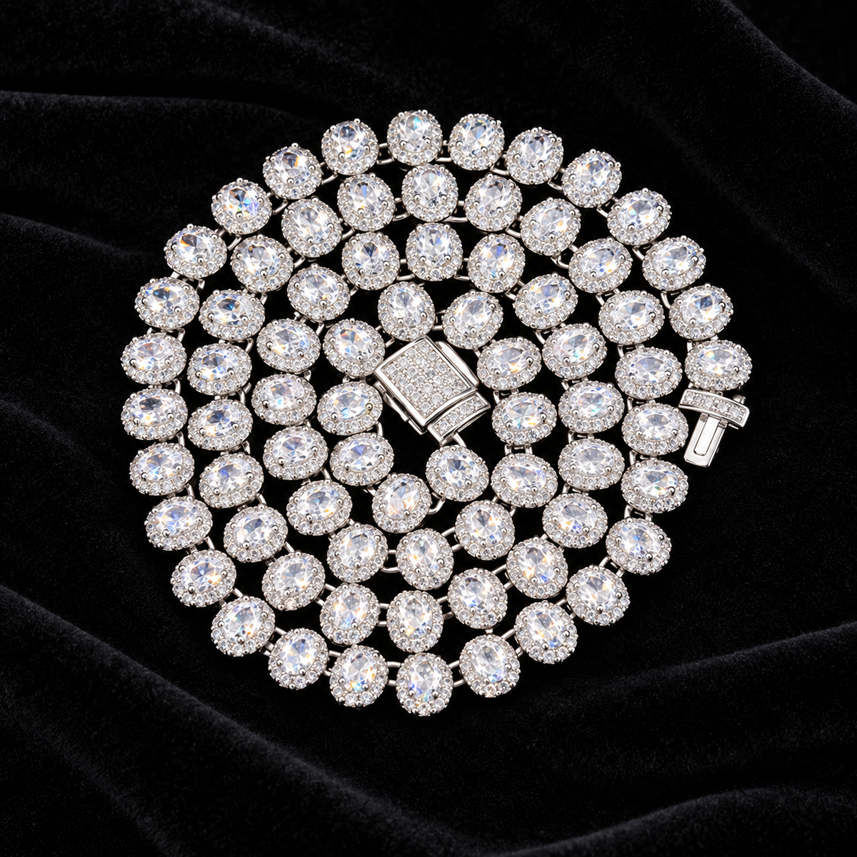 7mm Oval Cluster Tennis Chain on black velvet