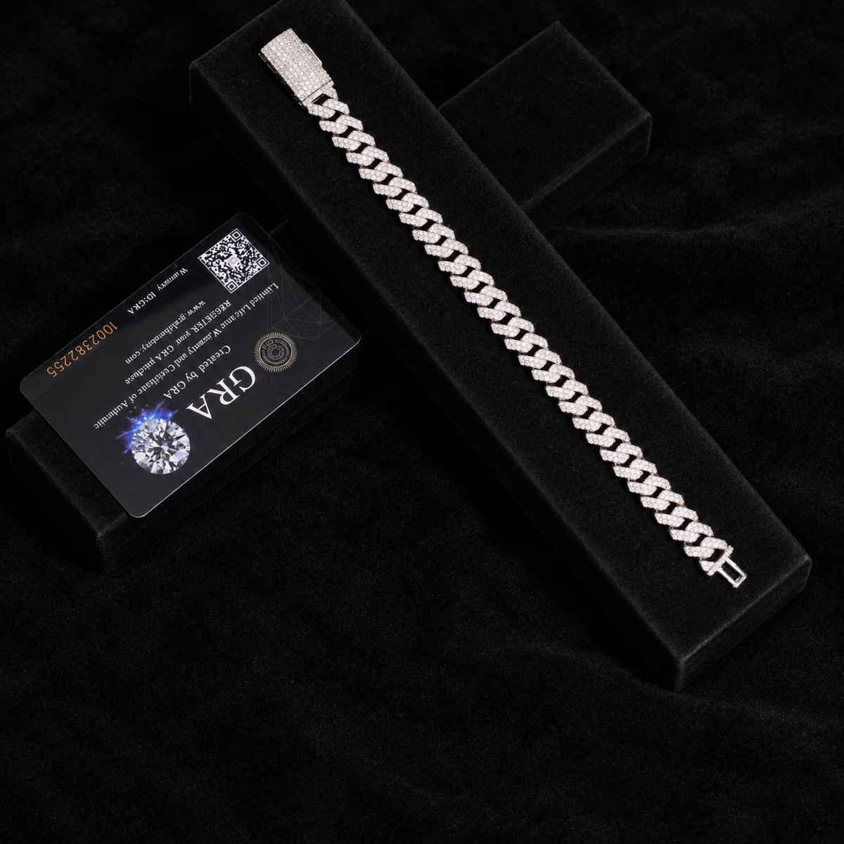 10MM Moissanite Prong-Set Miami Cuban Link Bracelet – S925 Silver with GRA card in the background
