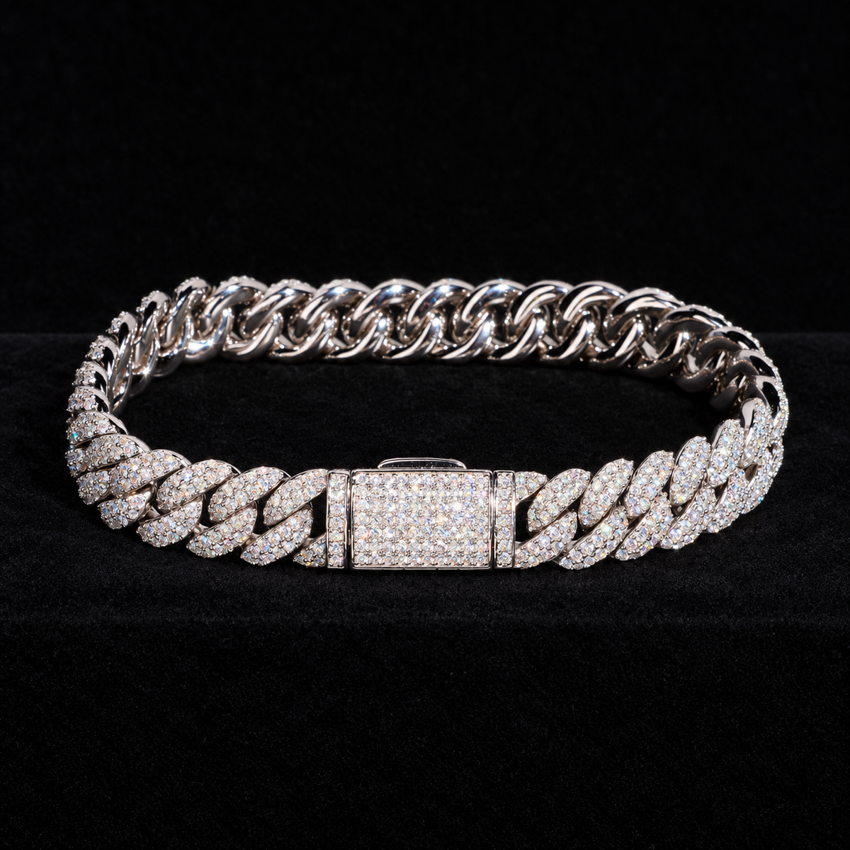8MM Moissanite Pavé Miami Cuban Link Bracelet – S925 Silver on black velvet