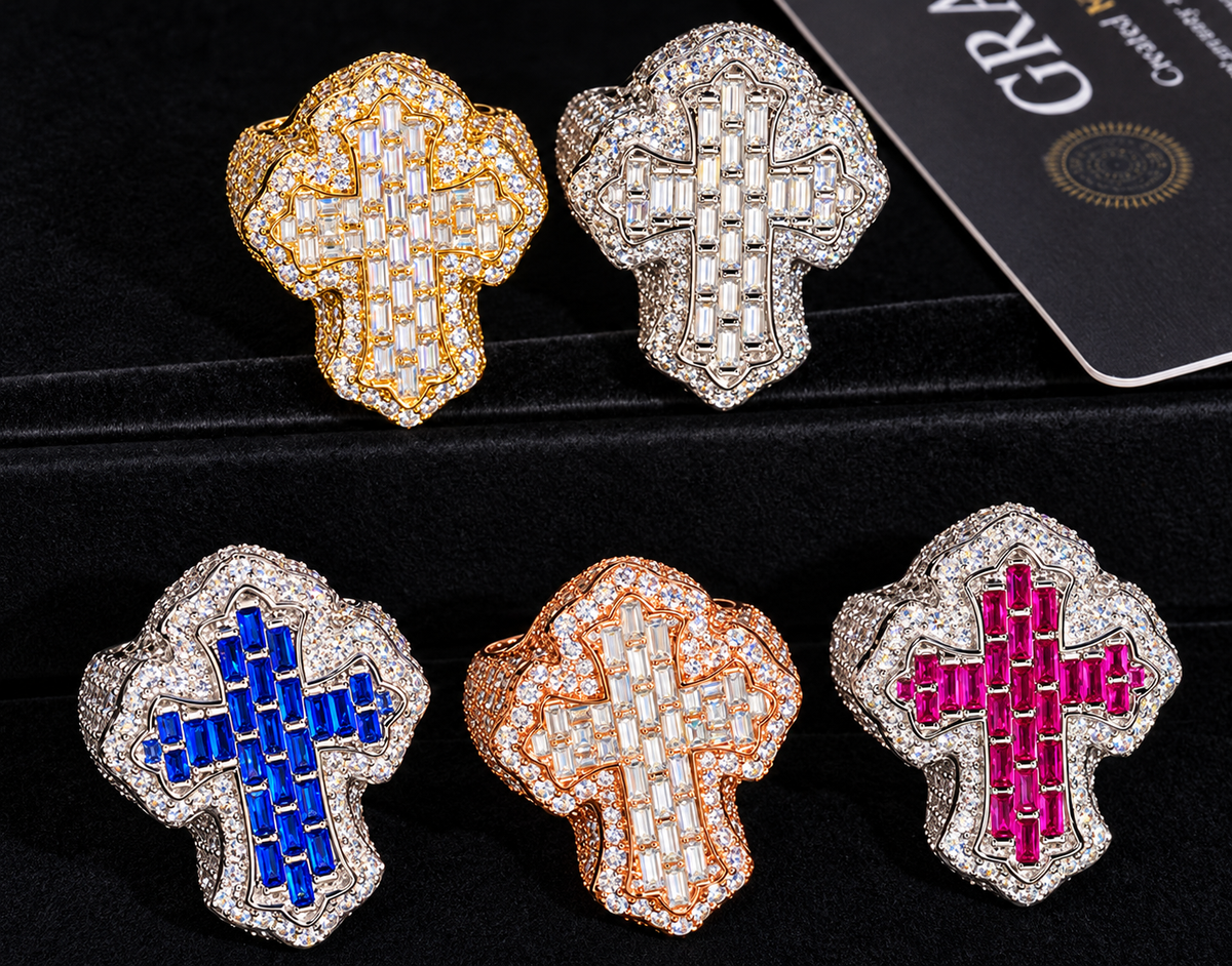 Color-Accent Cross Mosaic Ring with GRA card in the background