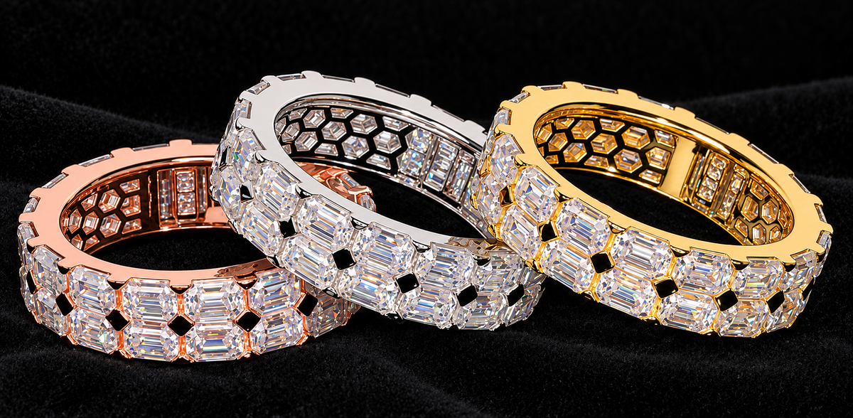 Open Geometric Moissanite Band — clear product detail on a black background.