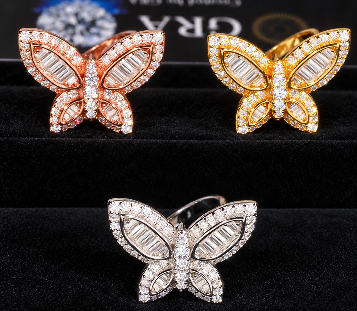 Butterfly Moissanite Ring with GRA card in the background