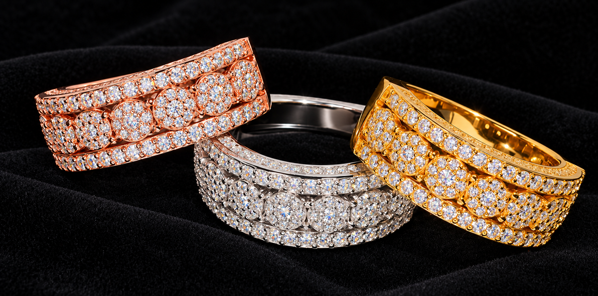 Bordered Cluster Moissanite Band — clear product detail on a black background.