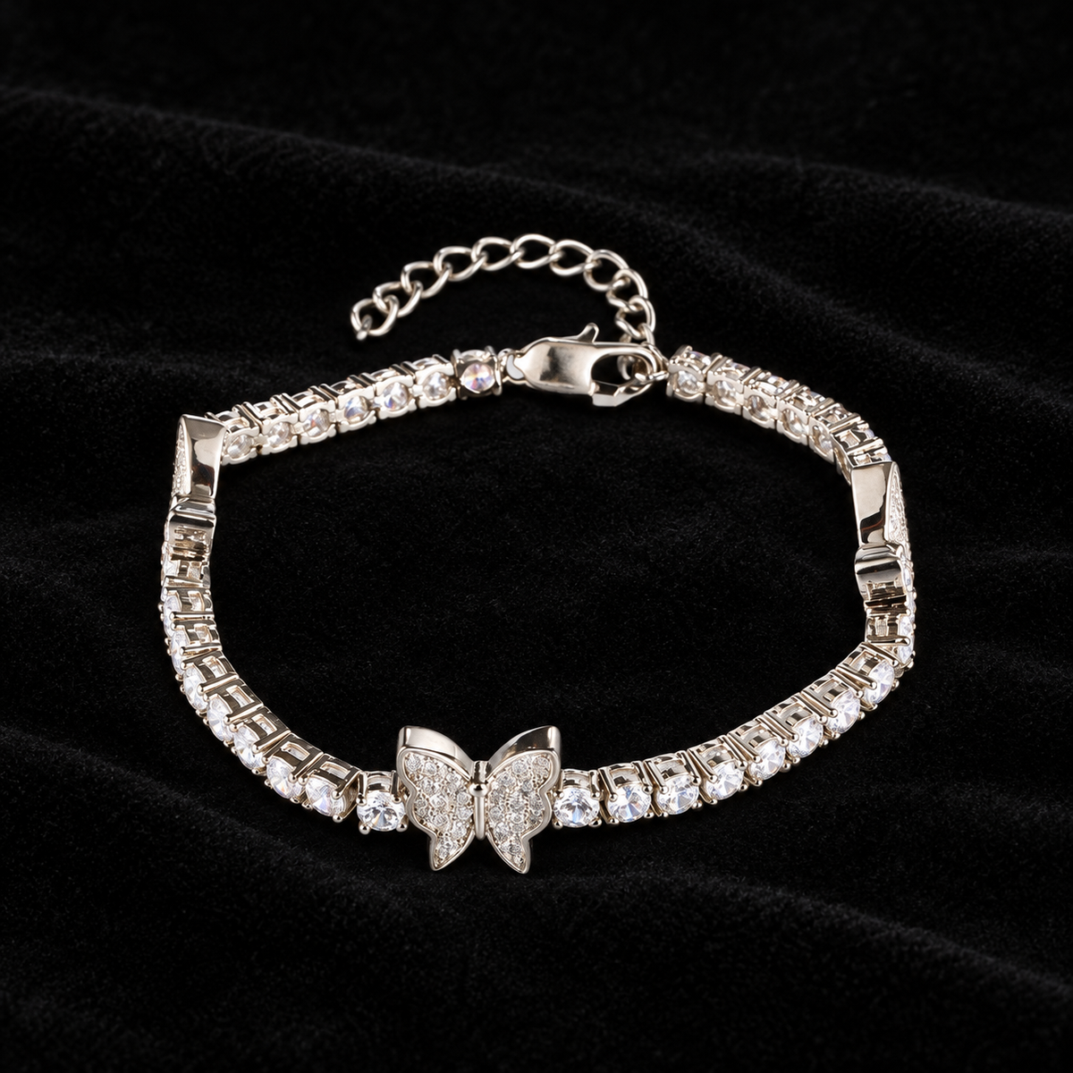 4mm Butterfly Tennis Bracelet on black velvet
