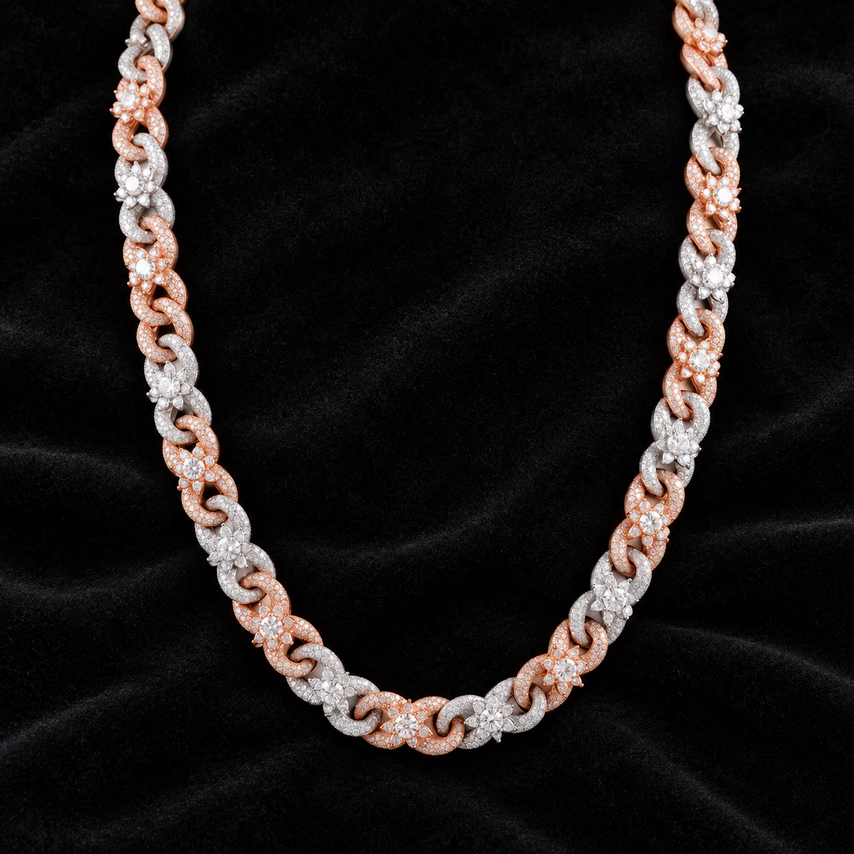 Two-Tone Floral Cuban Chain on black velvet