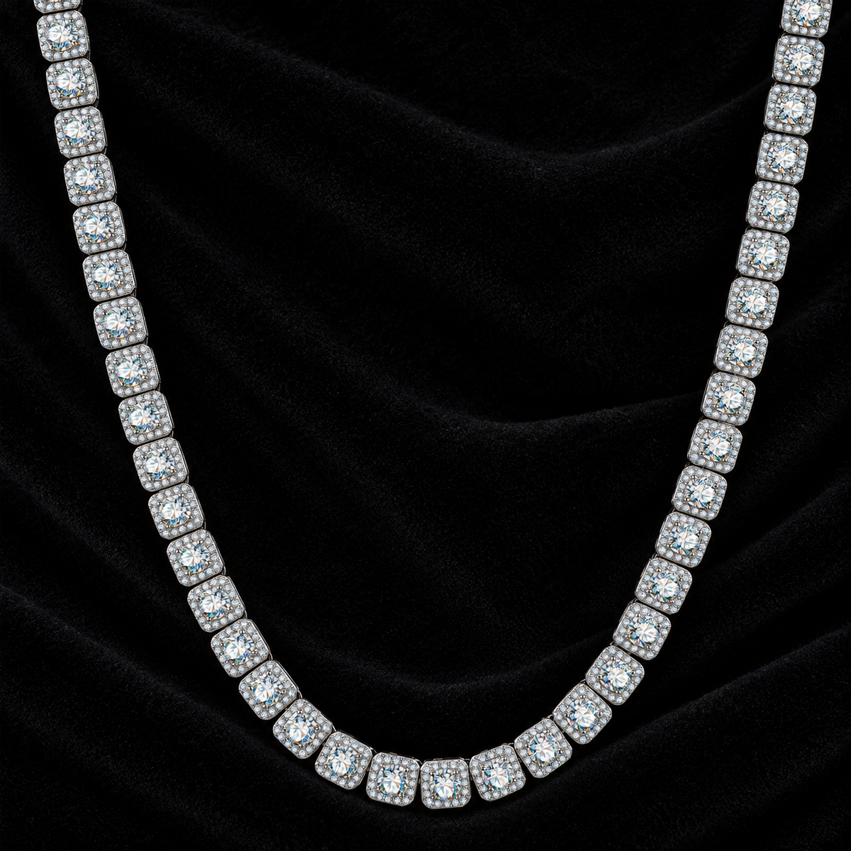 10MM Moissanite Square Halo Cluster Tennis Chain – S925 Silver, Chain & Bracelet on black background