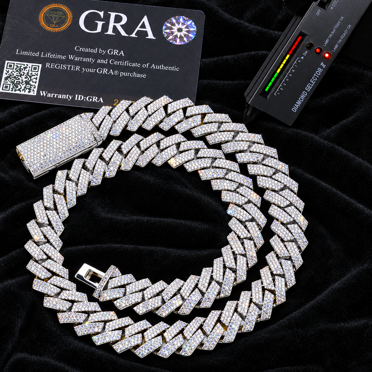 13MM Moissanite Heavyweight Miami Cuban Link Chain – S925 Silver, Chain & Bracelet with GRA card in the background