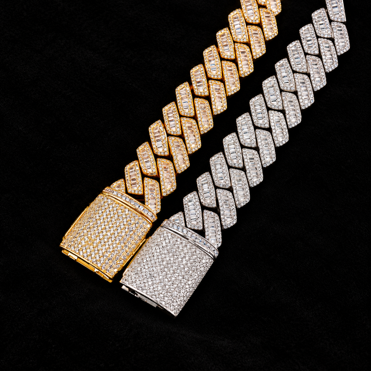 Prong Baguette Cuban Bracelet on black velvet