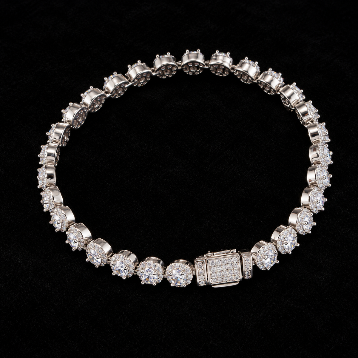 7mm Round Cluster Tennis Bracelet on black velvet