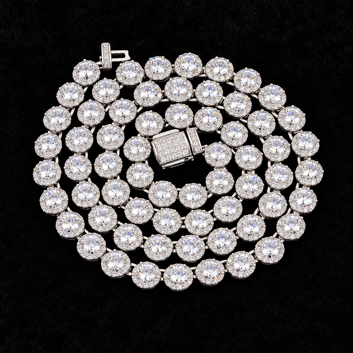 7mm Round Cluster Tennis Chain on black velvet