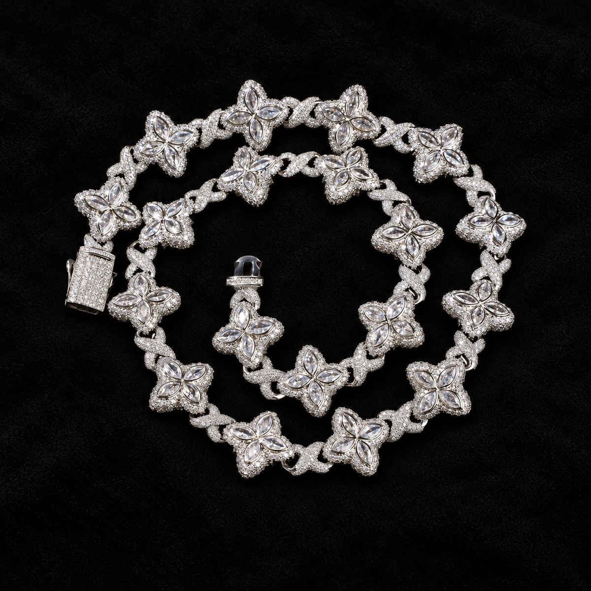 Iced Out Lucky Clover Tennis Chain on black velvet