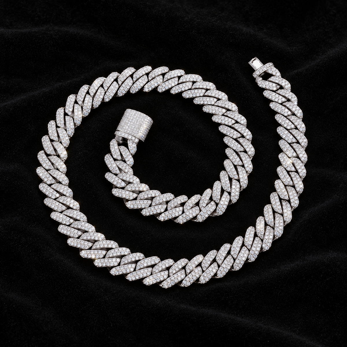 12mm Prong Cuban Chain on black velvet