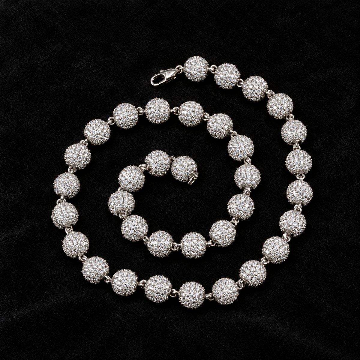 10mm Iced Ball Chain on black velvet