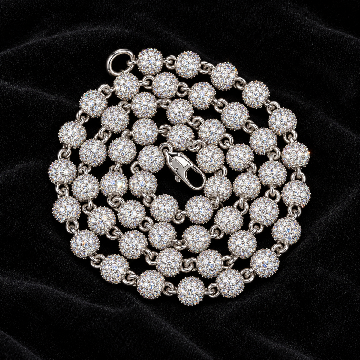6mm Iced Ball Chain on black velvet