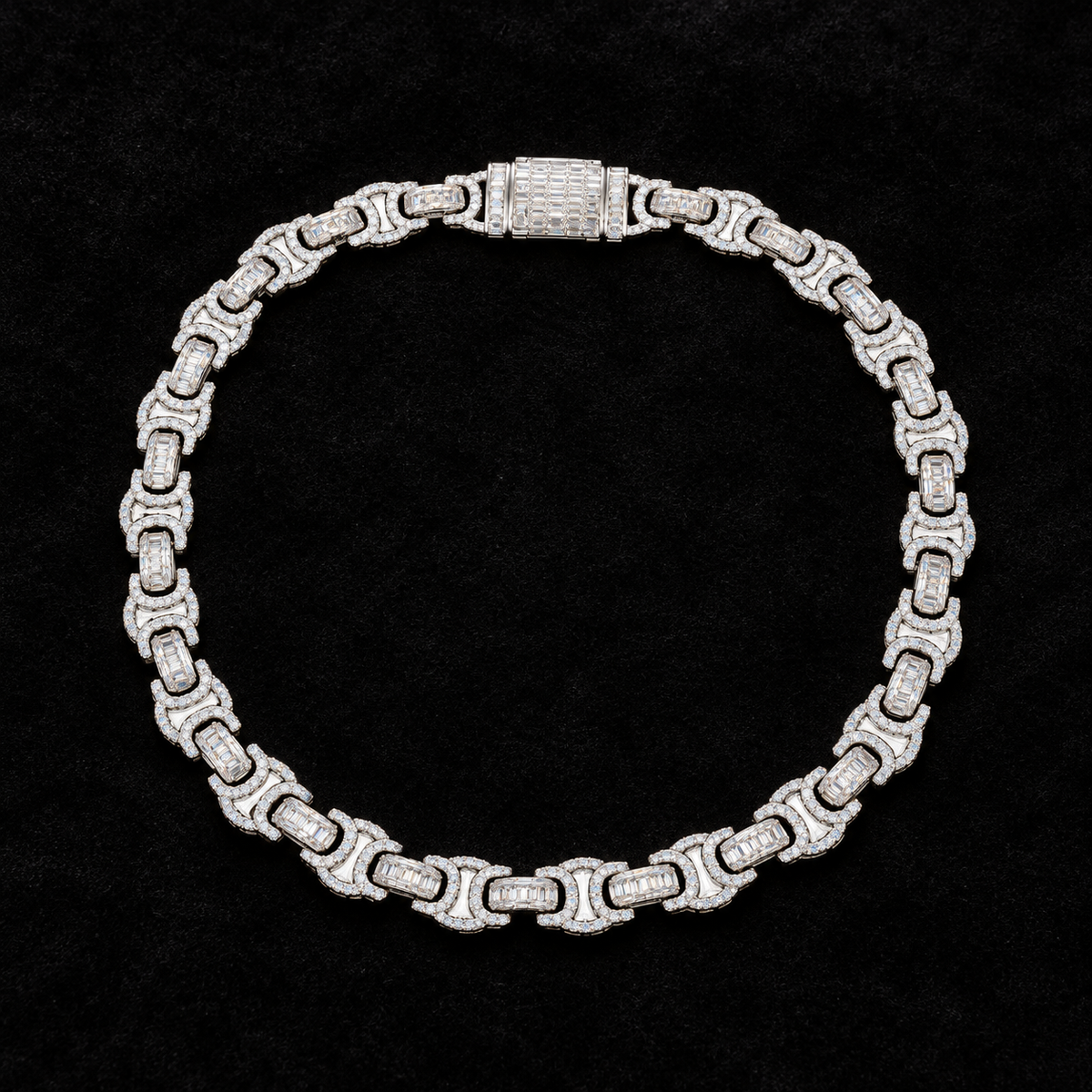 10mm Baguette Byzantine Chain on black velvet