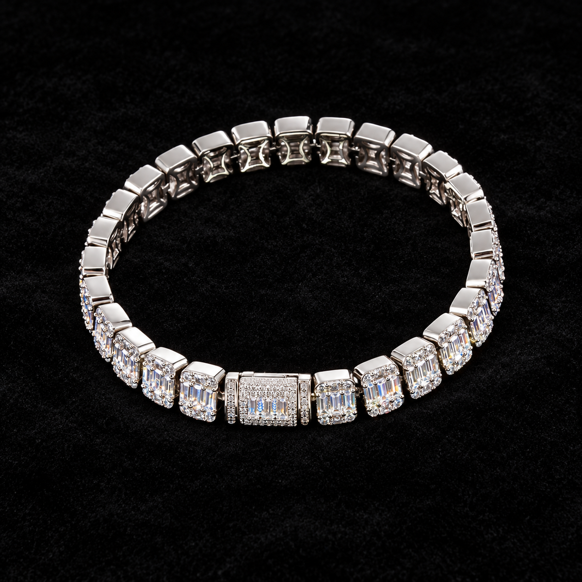 Square Baguette Tennis Bracelet on black velvet
