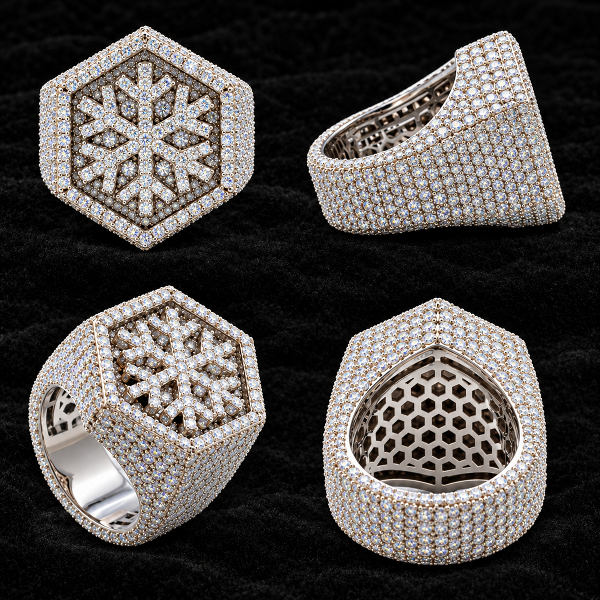 Snowflake Panel Moissanite Ring sharply focused on black velvet