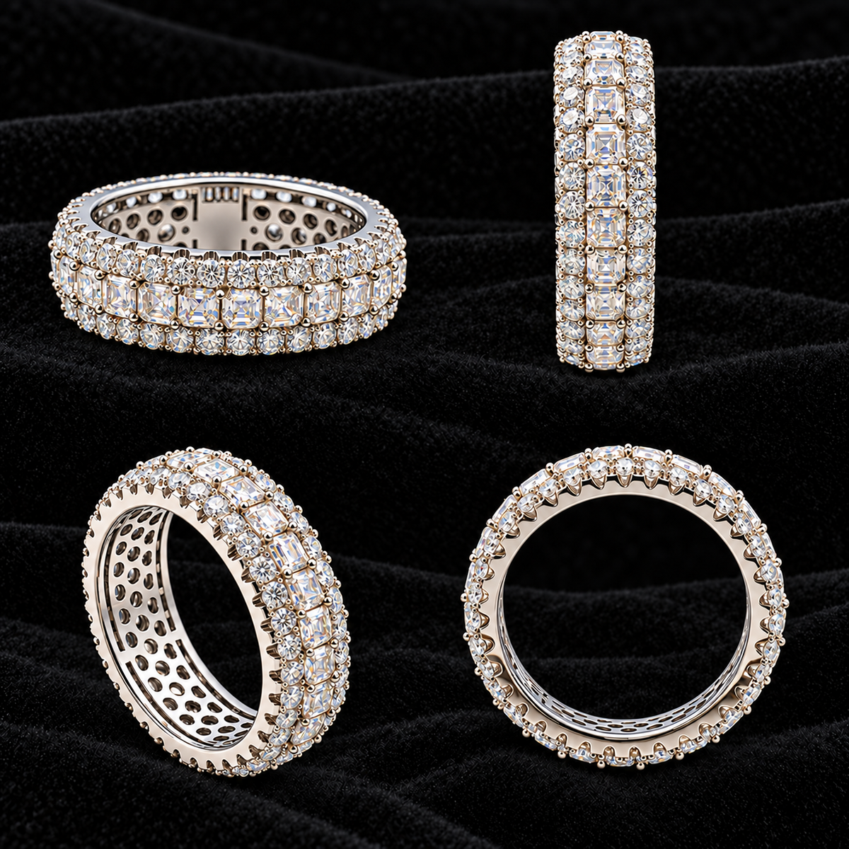 Slim Cluster Moissanite Band sharply focused on black velvet